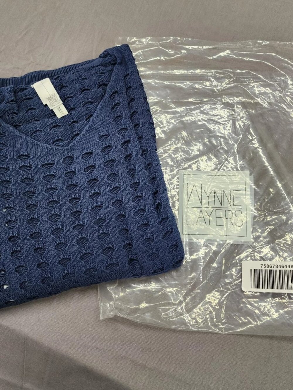 Wynne Layers Women's 3X Blue Cotton Open Knit Short Sleeve Pullover Sweater
